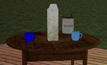 image of a gmod scene of two coffee mugs, a tall opened carton of milk, an opened can of beans on a round table on a big square of wooden flooring that sits on grass